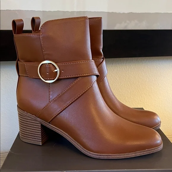 NIB, Style & Co. Rosaliee Belt Booties in Vegan Cognac Leather. - Picture 2 of 11